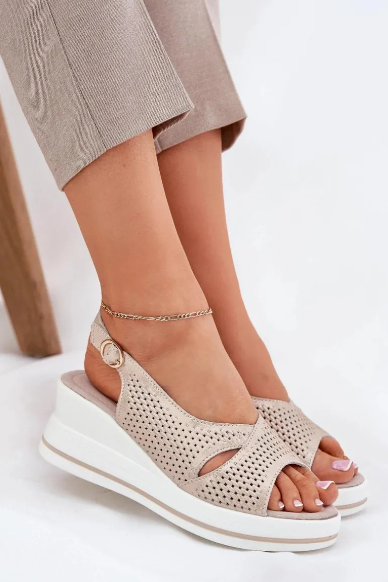 Skórzane Sandały Damskie Na Koturnie S.Barski LR51-660 Złote