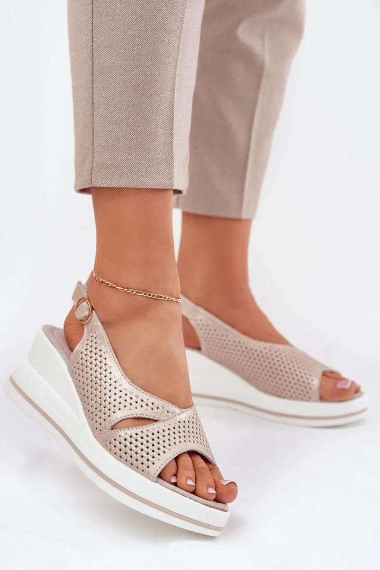 Skórzane Sandały Damskie Na Koturnie S.Barski LR51-660 Złote