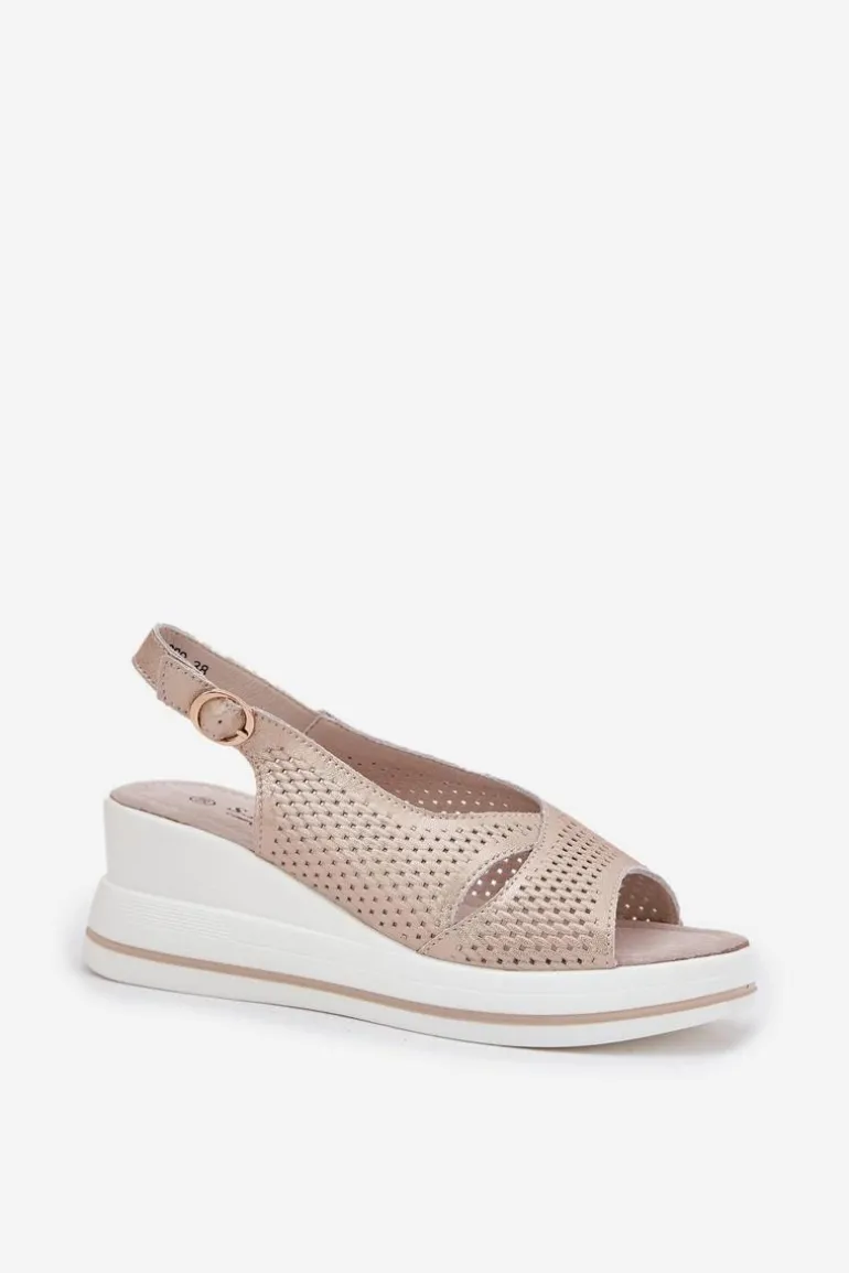 Skórzane Sandały Damskie Na Koturnie S.Barski LR51-660 Złote