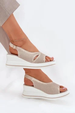 Skórzane Sandały Damskie Na Koturnie S.Barski LR51-660 Złote