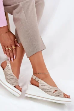 Skórzane Sandały Damskie Na Koturnie S.Barski LR51-660 Złote