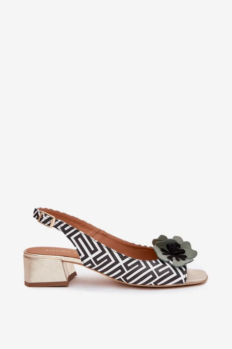 Skórzane Sandały Damskie Na Klocku Z Ozdobnym Kwiatem Laura Messi 2973 Biało-Czarne