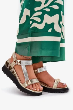 Skórzane Sandały Damskie Na Koturnie D&A CR51-135 Złoto-Srebrne