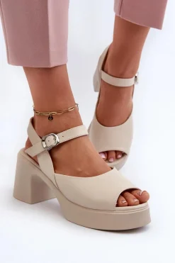 Skórzane Sandały Damskie Na Obcasie Vinceza 66627 Beżowe