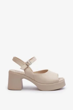 Skórzane Sandały Damskie Na Obcasie Vinceza 66627 Beżowe