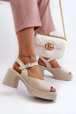 Skórzane Sandały Damskie Na Obcasie Vinceza 66627 Beżowe