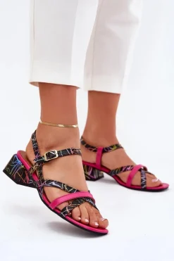Skórzane Sandały Damskie Na Słupku Z Paskami Maciejka 06959-39 Fuksja