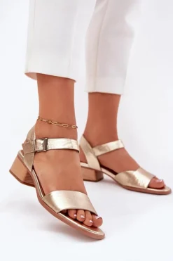 Skórzane Sandały Damskie Na Obcasie Maciejka N6802-25 Złote