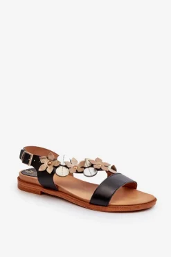 Skórzane Sandały Damskie Ozdobione Kwiatkami Laura Messi 2762 Czarne