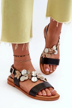 Skórzane Sandały Damskie Ozdobione Kwiatkami Laura Messi 2762 Czarne