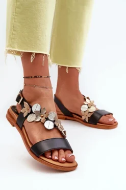 Skórzane Sandały Damskie Ozdobione Kwiatkami Laura Messi 2762 Czarne