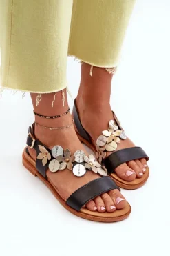 Skórzane Sandały Damskie Ozdobione Kwiatkami Laura Messi 2762 Czarne