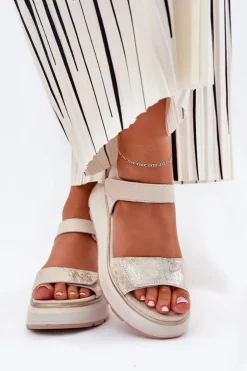 Skórzane Sandały Damskie Platformie I Koturnie Na Rzep S.Barski LR51-543 Złote