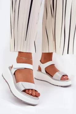 Skórzane Sandały Damskie Platformie I Koturnie Na Rzep S.Barski LR51-543 Srebrne