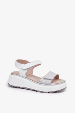 Skórzane Sandały Damskie Platformie I Koturnie Na Rzep S.Barski LR51-543 Srebrne