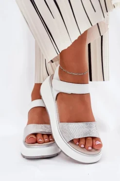 Skórzane Sandały Damskie Platformie I Koturnie Na Rzep S.Barski LR51-543 Srebrne