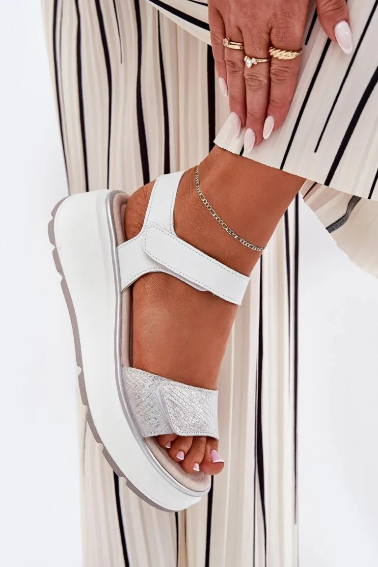 Skórzane Sandały Damskie Platformie I Koturnie Na Rzep S.Barski LR51-543 Srebrne