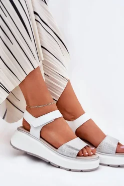 Skórzane Sandały Damskie Platformie I Koturnie Na Rzep S.Barski LR51-543 Srebrne