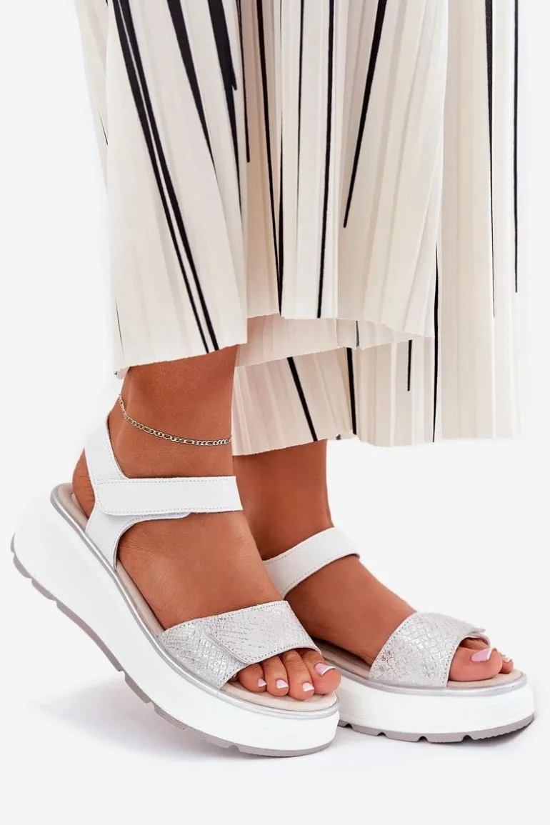 Skórzane Sandały Damskie Platformie I Koturnie Na Rzep S.Barski LR51-543 Srebrne