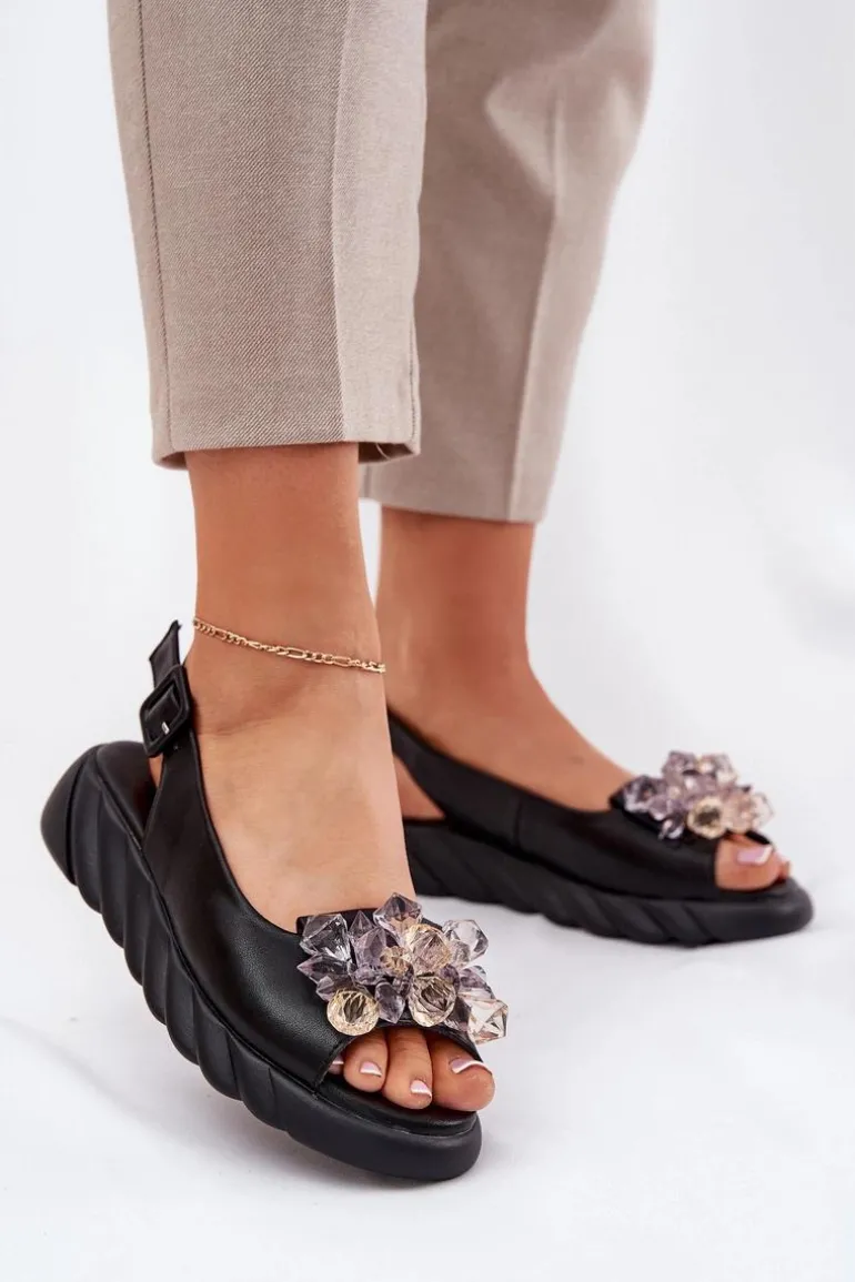 Skórzane Sandały Damskie Z Kryształkami Artiker 54C1628 Czarne