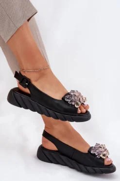 Skórzane Sandały Damskie Z Kryształkami Artiker 54C1628 Czarne