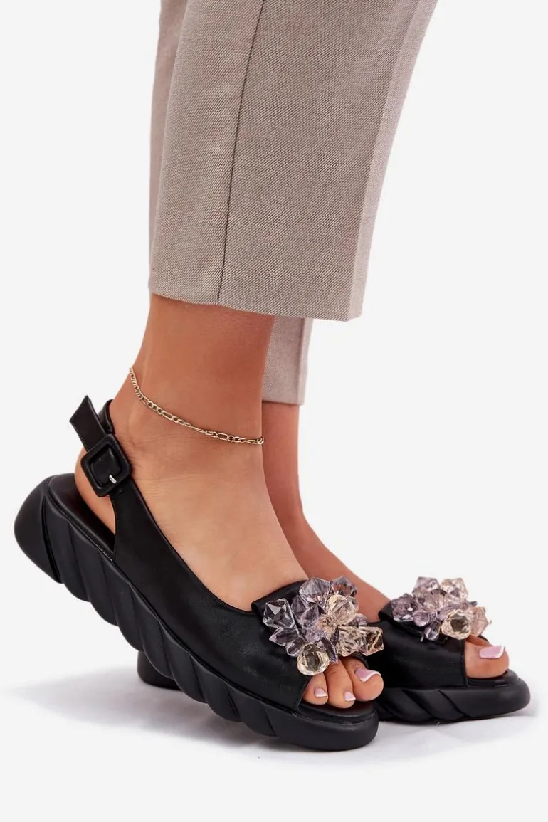 Skórzane Sandały Damskie Z Kryształkami Artiker 54C1628 Czarne