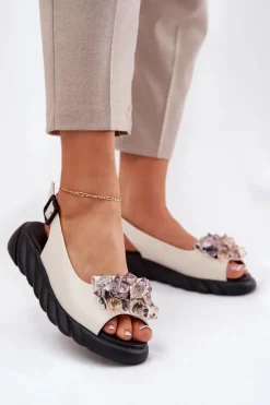 Skórzane Sandały Damskie Z Kryształkami Artiker 54C1627 Beżowe
