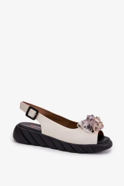 Skórzane Sandały Damskie Z Kryształkami Artiker 54C1627 Beżowe