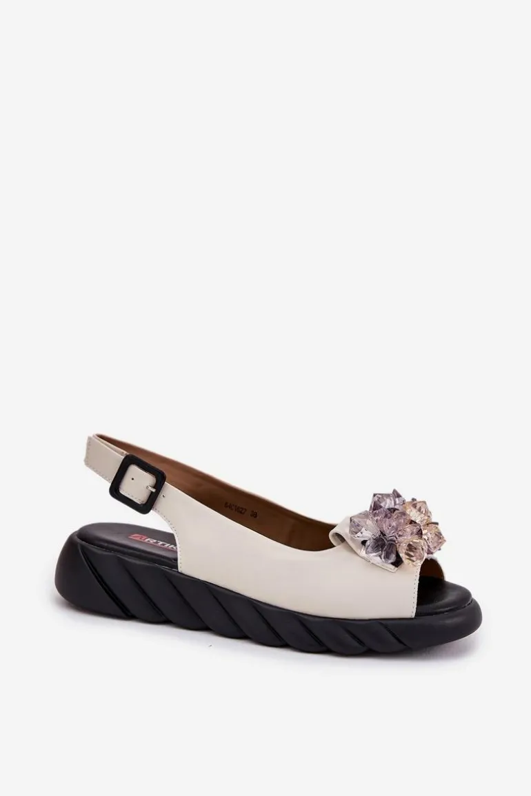 Skórzane Sandały Damskie Z Kryształkami Artiker 54C1627 Beżowe