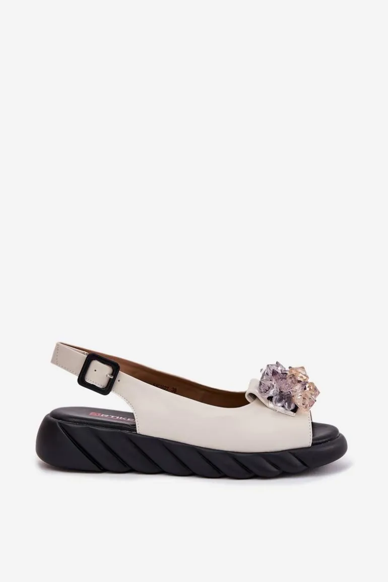 Skórzane Sandały Damskie Z Kryształkami Artiker 54C1627 Beżowe