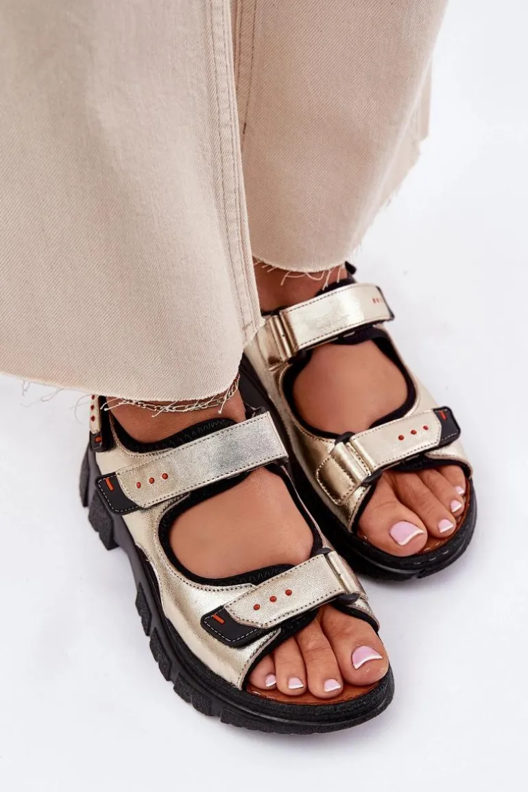 Skórzane Sandały Damskie Z Rzepami Artiker 56C0469 Złote