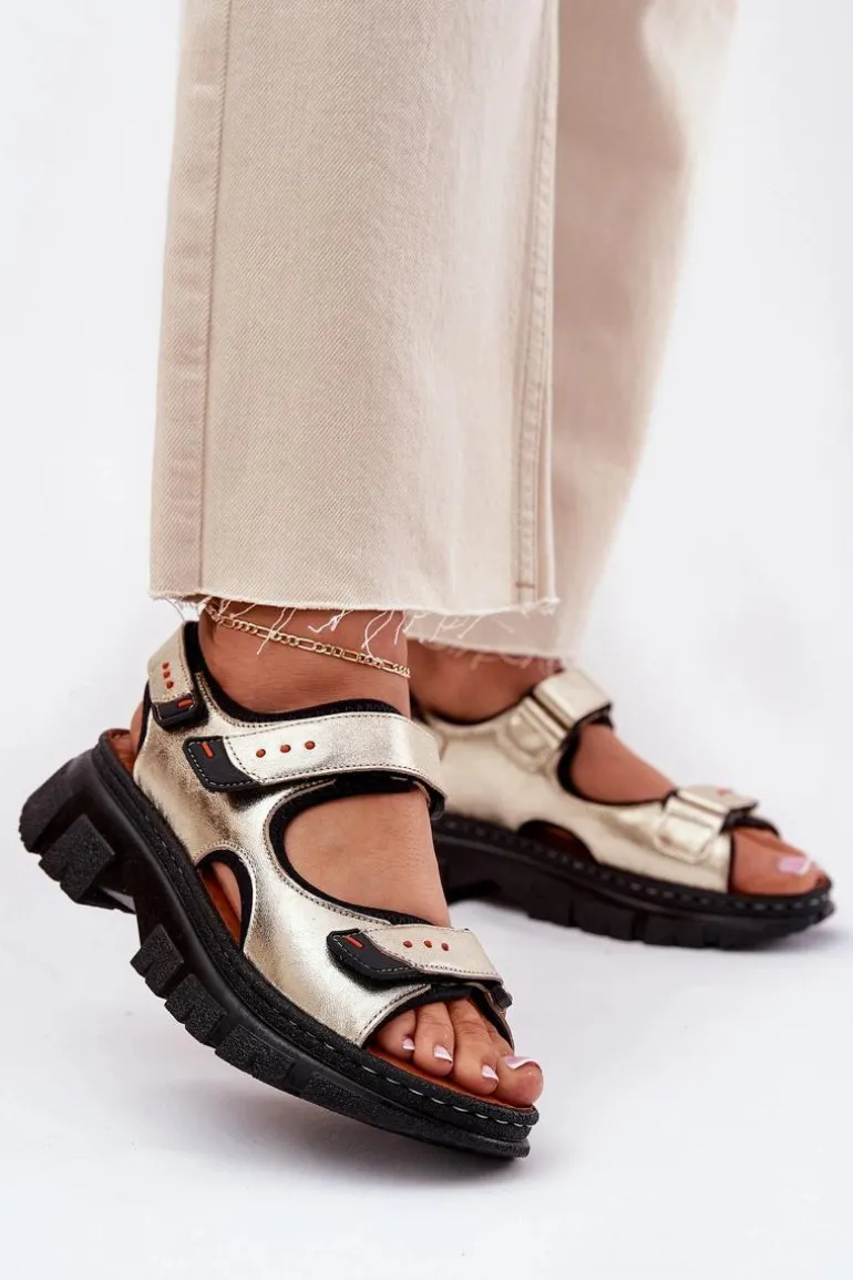 Skórzane Sandały Damskie Z Rzepami Artiker 56C0469 Złote