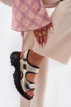 Skórzane Sandały Damskie Z Rzepami Artiker 56C0469 Złote