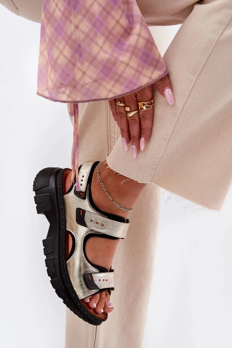 Skórzane Sandały Damskie Z Rzepami Artiker 56C0469 Złote