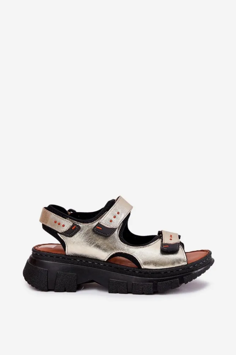 Skórzane Sandały Damskie Z Rzepami Artiker 56C0469 Złote