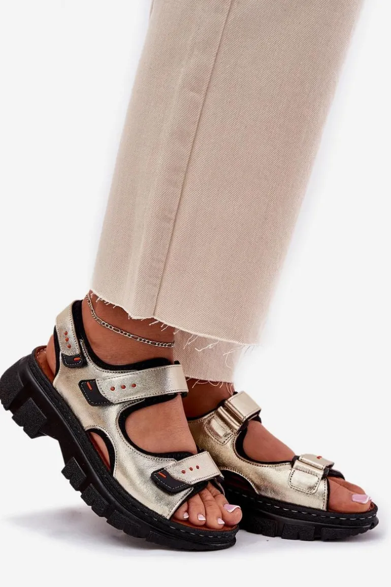 Skórzane Sandały Damskie Z Rzepami Artiker 56C0469 Złote