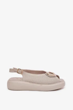 Skórzane Sandały Damskie Z Ozdobą S.Barski LR51-786 Beżowe