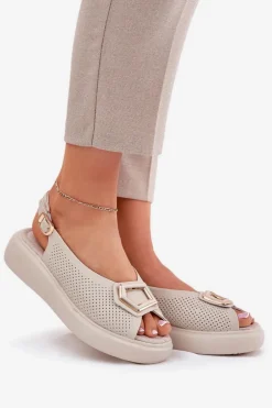 Skórzane Sandały Damskie Z Ozdobą S.Barski LR51-786 Beżowe