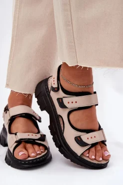 Skórzane Sandały Damskie Z Rzepami Artiker 56C0471 Beżowe