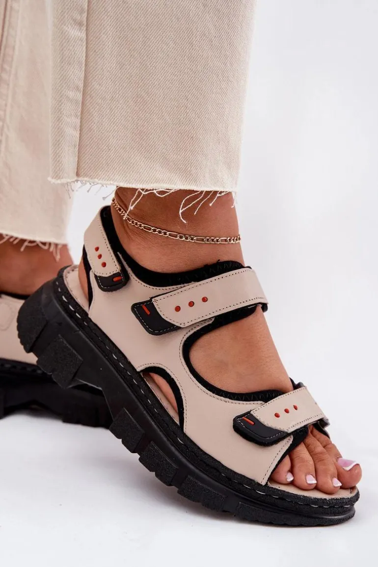 Skórzane Sandały Damskie Z Rzepami Artiker 56C0471 Beżowe