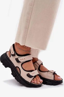 Skórzane Sandały Damskie Z Rzepami Artiker 56C0471 Beżowe