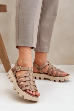 Skórzane Sandały Damskie Zazoo 3695 Beżowe