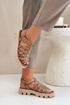 Skórzane Sandały Damskie Zazoo 3695 Beżowe