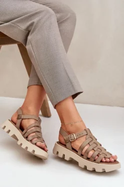 Skórzane Sandały Damskie Zazoo 3695 Beżowe