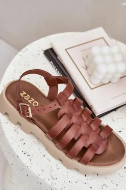Skórzane Sandały Damskie Zazoo 3695 Brązowe