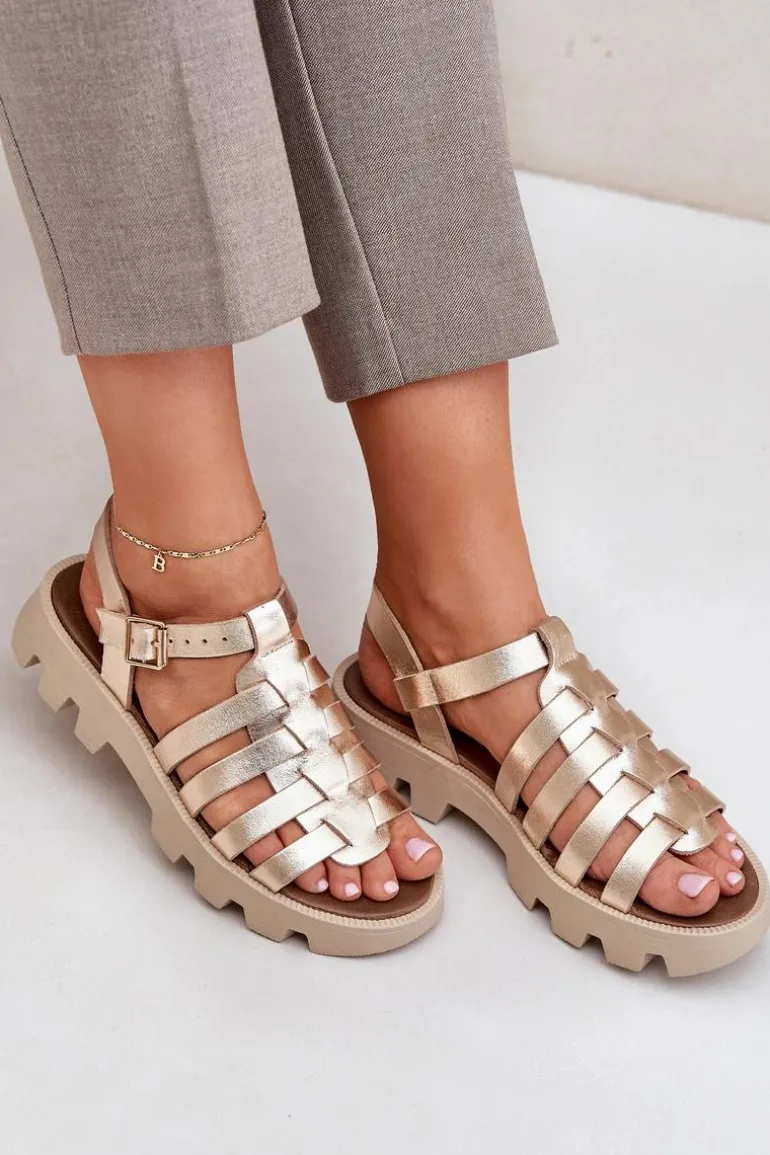 Skórzane Sandały Damskie Zazoo 3695 Złote