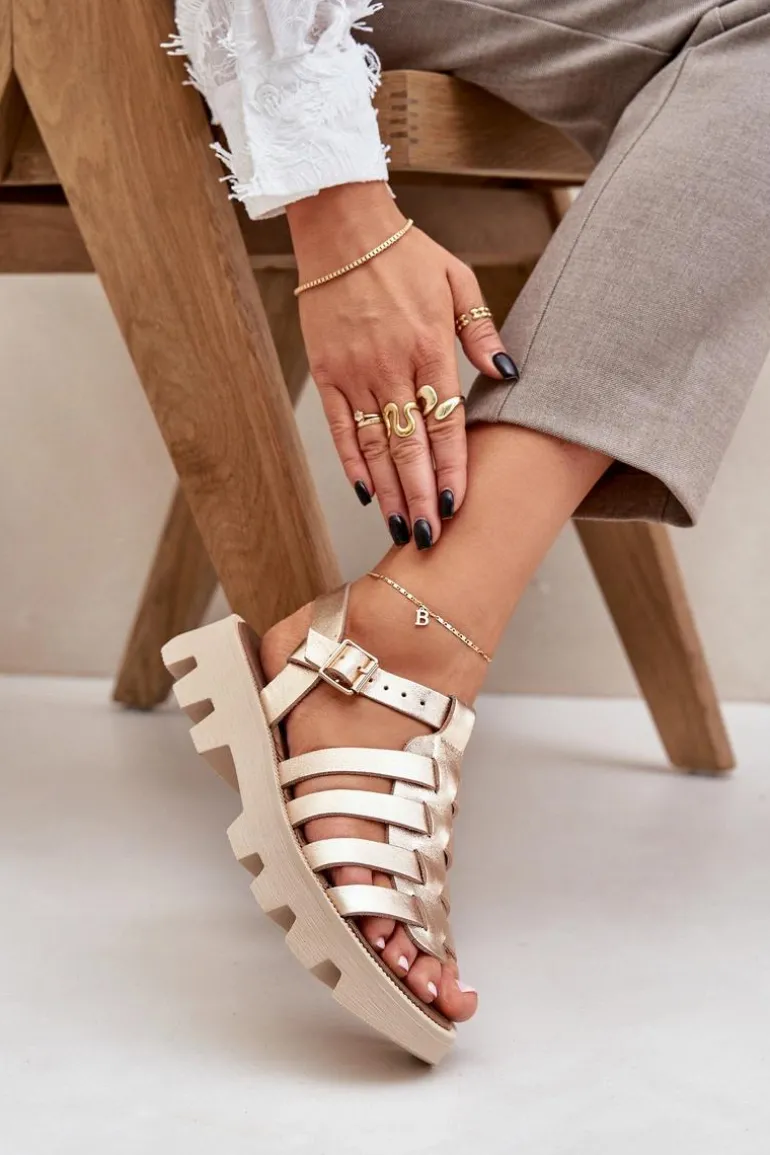 Skórzane Sandały Damskie Zazoo 3695 Złote