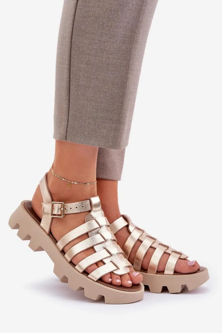 Skórzane Sandały Damskie Zazoo 3695 Złote