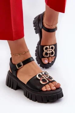 Skórzane Sandały Damskie Ze Złotą Ozdobą Czarne Vinceza 7910