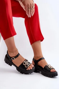 Skórzane Sandały Damskie Ze Złotą Ozdobą Czarne Vinceza 7910